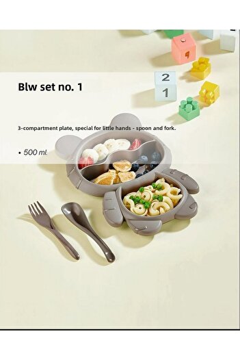 Leony Teddy Bear Shaped 3 Compartment Children's Baby Food Plate with Fork and Spoon Feeding Container