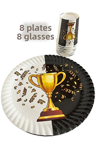 partyrüyası Black and White Mug Themed Birthday Set for 8 People with Streamers