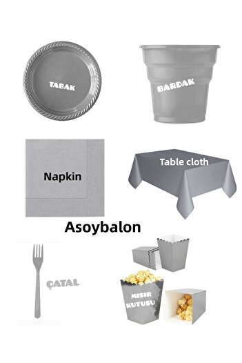asöy Γενέθλια μιας χρήσης Ασημένιο πιάτο Κύπελλο Πιρούνι Χαρτοπετσέτα Καλαμπόκι Κουτί Σετ τραπεζομάντιλο μιας χρήσης