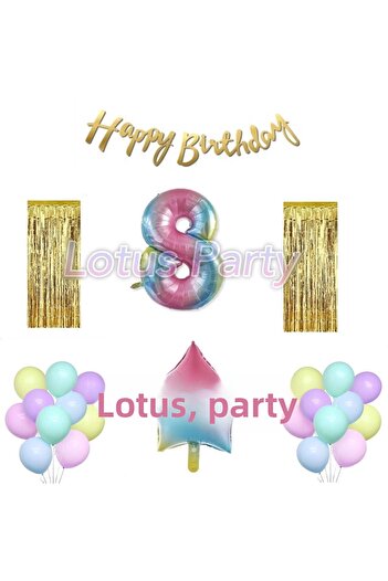 LOTUS PARTY مجموعة عيد ميلاد بعمر 8 سنوات من Rainbow Concept، 20 بالونًا، 1 بالون نجمة من رقائق معدنية، صندوق حائط Happy Lettering