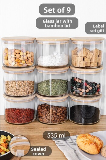 Meleni Home Bamboo Lid Glass - Storage Container, Vacuum Lid with Label for Food and Spices 535 ml