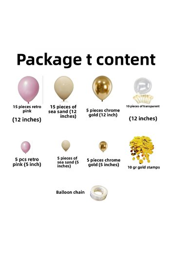 Organizasyon Pazarı Balloon Set Pink Blush-Sea Sand-Chrome Gold-Transparent 60-Piece Balloon Chain Set +10Grgoldflakes