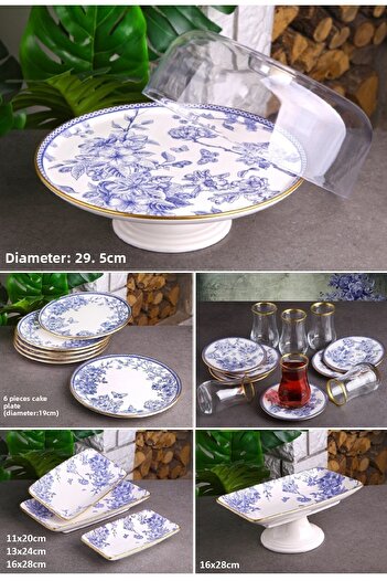 Pinkev 24 Piece Ceramic Cake Tea and Cup Breakfast Serving Plate Set with Glass - Blue Gold