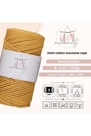 Makromecity Premium Cotton Cotton Macrame Rope Mustard 200 Gr 150 Meters 2mm Cotton Bag Rope Supla Rope