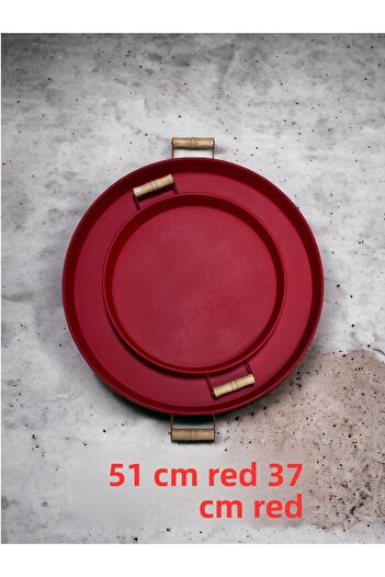 kitchen trend 2 Pcs 51 Cm And 37 Cm Metal Round Red Tray With Wooden Handles Presentation Tray, Breakfast