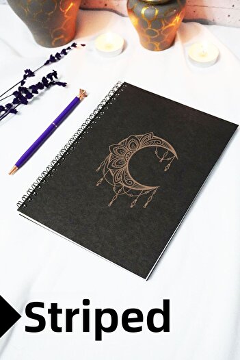 markcat A5 Moon Mandala Themed Black Kraft Cover Notebook - Lined Notebook - 60 Sheets (120 Pages) 15X21 cm