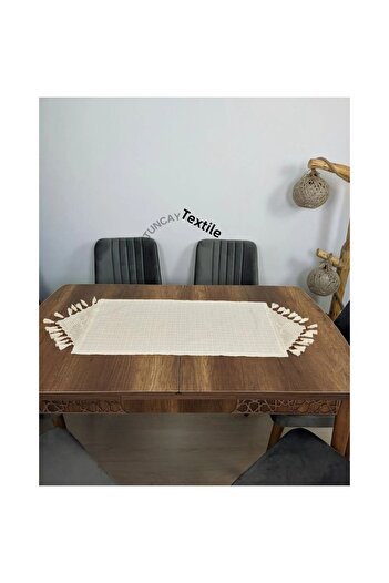 TUNCAY TEKSTİL Hand Lace Tasseled Runner Ranir Cover Buldan Work Monika Linen Coffee Table Table Top Cloth Fireplace 45x120