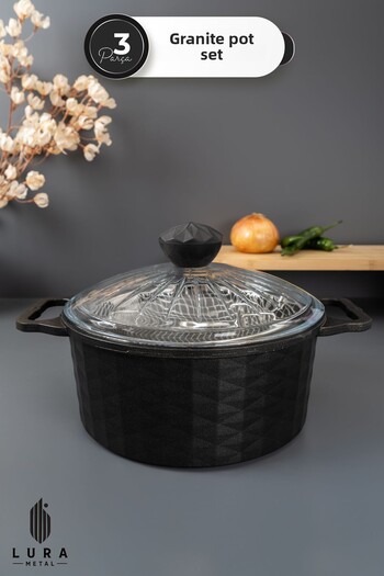 Homekolik 3 Piece Black Cast Granite Frying Pot 24 cm – with Oil Strainer, Glass Lid, Fireproof Non-Stick