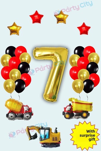 Party City 7 Years Old Construction Themed Concept Foil Balloon and Star Themed Birthday Party Celebration Set