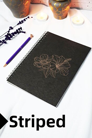 markcat A5 Flower Themed Black Kraft Cover Notebook - Lined Notebook - 60 Sheets (120 Pages) 15X21 cm