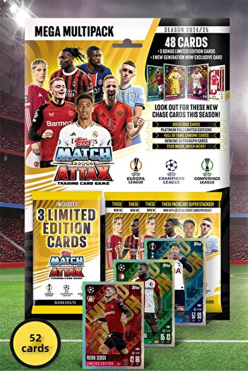 TOYFEST بطاقات Topps Match Attax 24-25 UEFA لكرة القدم Mega Multipack - 52 بطاقة (48 بطاقة + 3 L.E.+1 حصريًا)