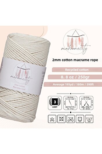 Makromecity Premium Koton Cotton Macrame Rope Ecru 200 Gr 150 Meters 2mm Cotton Chain Macrame Bag Rope Supla Rope