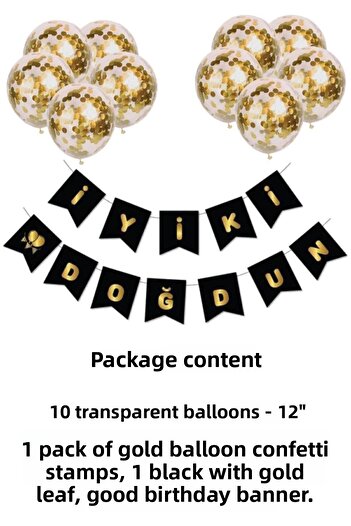 Atölye Mi Transparent Birthday Balloon Set with Gold Confetti and Banner - Black