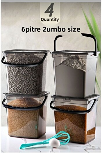AHİR TİCARET Mega Size 4-Piece Square Flour Pulses Container 6 Liters - 4 Pieces Flour Storage Container