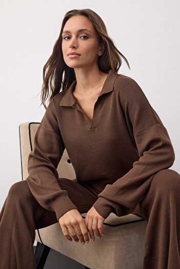 Trendyol Collection Wardrobe Essentials Barna pamut pulóver-nadrág kötöttáru alsó felső szett |   TWOAW26AU00002-es