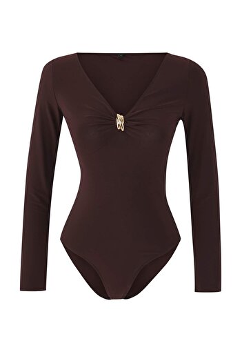 Trendyol Collection Brown Accessory Detailed V-Neck Body-Fitting Stretchy Knitted Bottom Snap Body Twoaw26Bd00002