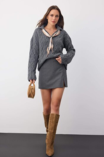 Trendyol Collection Wardrobe Essentials Pulover din tricot cu model lat din lana antracit cu textura moale | TWOAW26KZ00137