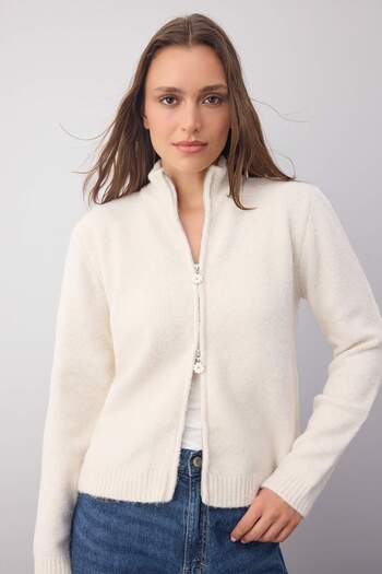 Trendyol Collection Wardrobe Essentials Ecru Wool Zippered Stand Collar Daisy Knitwear Cardigan | Twoaw26Hi000900