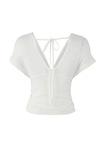 Trendyol Collection Ecru Fitted/Slim Fit Gathered/Drape Detailed Knitted Blouse Twoss25Bz00605