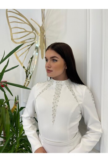 White Corner 3073 Collar Stone Embroidered Pencil Dress