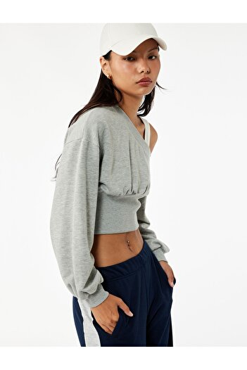Koton Asymmetric Collar Off-The-Shoulder Corset Detailed Long Sleeve Crop Sweatshirt