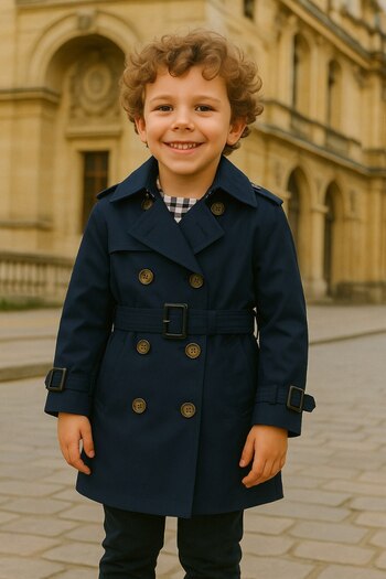 HC Kids Wear Boy's Cotton Lined Water Repellent Navy Blue Raincoat Trench Coat