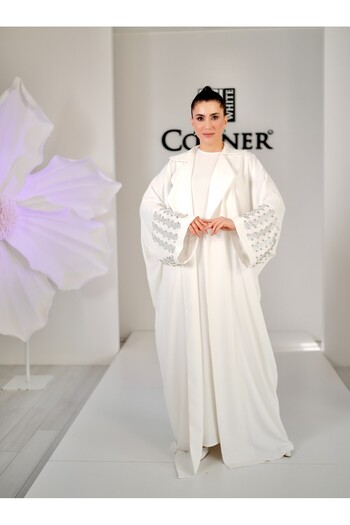White Corner 2949 Crystal Stone Embroidered Abaya