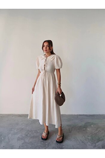 Lusin Women's Beige Stylish Baby Collar Detailed Lined Muslin Fabric Short Sleeve Summer Dress