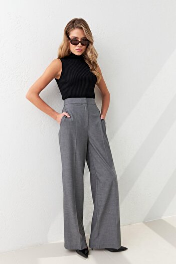 Setre Gray Waist Detailed Pocketed Relaxed Fit Wide Fit Trousers