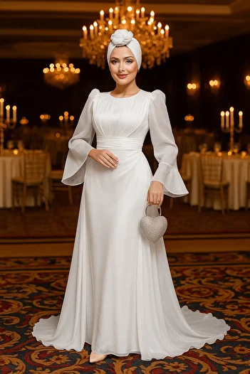Neva Style - White Hijab Evening Dress with Tail 4986B