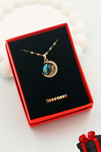 TREND COLLECTİON Kadın Paslanmaz Çelik Gold Zirkon Taşlı Gökyüzü Kolye Ve Taç Yüzük Set