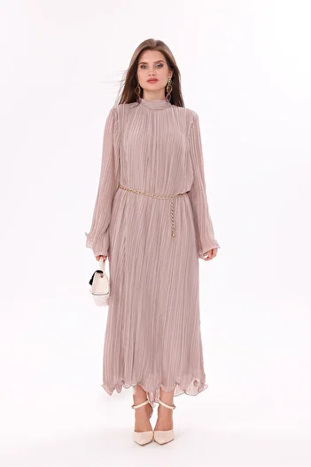 happinice Pleated Long Hijab Belt Detail Dress