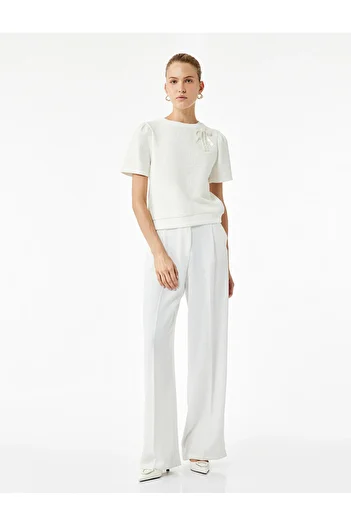 Koton Short Sleeve Crew Neck Sweatshirt with Bow Detail