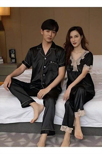 Generic Couple Pajama Set Silky Pajamas Two-piece Set Short Sleeve Summer Home Clothes