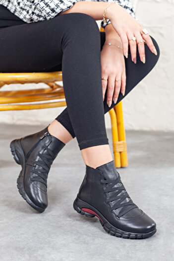 Adım Adım Women's Genuine Leather Zippered Extra Soft Black Boots