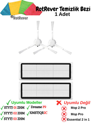 RotRever Xiaomi Vacuum Mop Pro 2+3D, Vacuum Mop 1C, 2C Συμβατή πλαϊνή βούρτσα, φίλτρο, σετ υφασμάτων RotRever-5 τεμάχια
