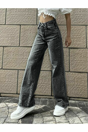 Trn JNS Kül Gri Kar Yıkama Likralı Süper Yüksek Bel Salaş Jeans Palazzo Pantolon 2