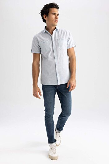 DeFacto Slim Fit Slim Fit Polo Neck Linen Look Short Sleeve Shirt N9073Az24Sm