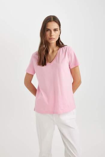 DeFacto Kurzärmliges Basic-T-Shirt aus gekämmter Baumwolle mit normaler Passform und V-Ausschnitt W9578az24sm