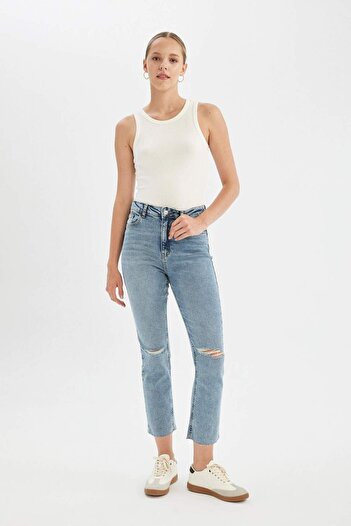 DeFacto Mary Washed Jea Npants Straight Leg Ripped Detail High Waist Leg Hem Cutout Ankle Length C7364Ax24Au