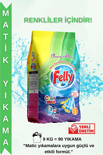 FELLY 9 Kg Renkli Çamaşırlar İçin Toz Deterjan – Renk Koruyucu Formül, Ekonomik Boy
