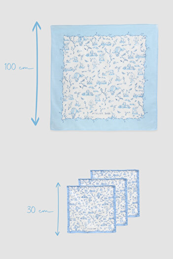 Atelier Babbi Muslin Baby Cover and 3-Piece Mouth Diaper Set - Toile De Jouy / Blue