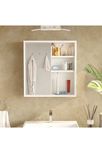 Yurupa Marble Aynalı Lavabo Üstü Banyo Dolabı Raflı Kapaklı 60cm Beyaz MAR1-W