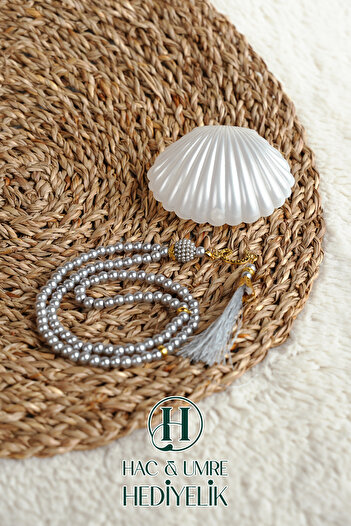 Hac Umre Hediyelik Tasbih Gift |   Special Occasion Invitation Gift |   99 Pearl Prayer Beads with Sea Shell Box and Vav Ornament with Tassel