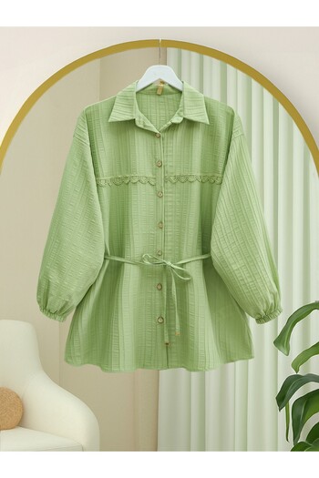 Modamorfo Stoned Buttoned Waist Tie Lace Detailed Shirt -A.Green