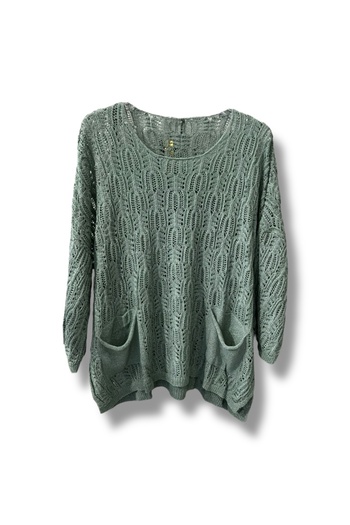 SUMEF Women's Mercerized Perforated Knitwear Blouse with Pockets Casual Model 38-52 Size Compatible