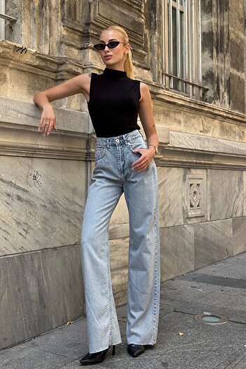 VAGGON Women's Light Blue 5 Pocket Wide Leg Jean with Tassels Vs00710