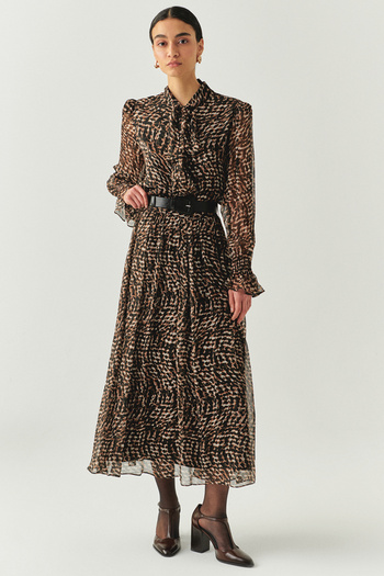 Exquise Leopard Patterned Lined Belted Regular Midi Skirt