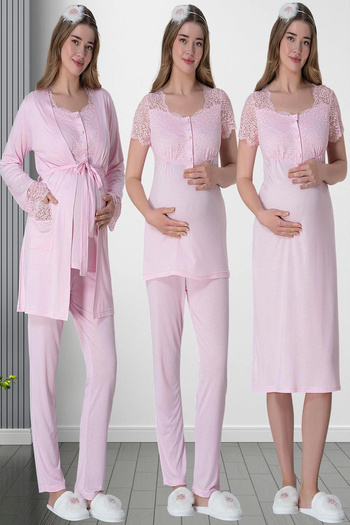 Mavelle Women's Pink Lace Detailed Morning Gown Nightgown Pajamas Maternity Maternity Set 6062