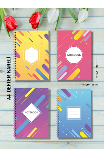 BULUT DİJİTAL A4 Spiral Cardboard Cover - Set of 4 - Checkered - School Notebook - 80 Sheets